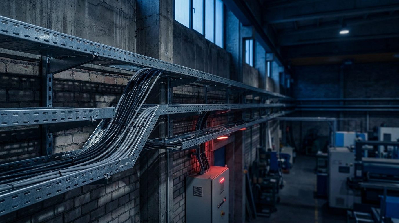 Cable carrying systems fabricated at Kessab Steel — galvanized cable trays, ladders and trunking routing power and data cables
